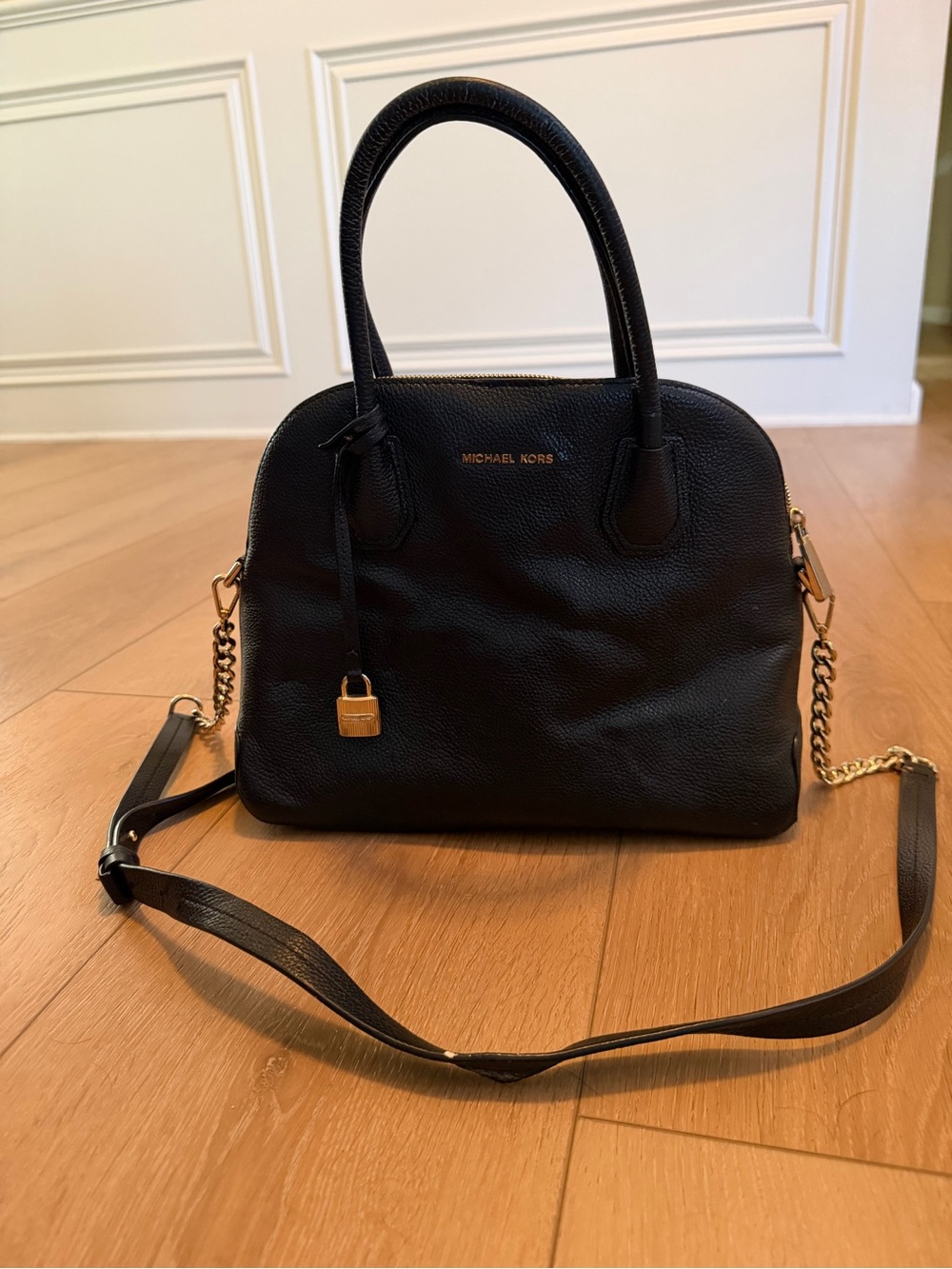 Michael Kors Black Leather Mercer Dome Satchel with Chain Strap